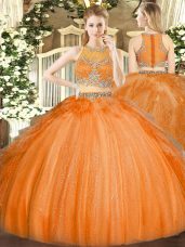 Attractive Beading Sweet 16 Dress Orange Zipper Sleeveless Floor Length