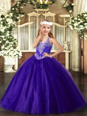 Enchanting Sleeveless Floor Length Beading Lace Up Little Girl Pageant Dress with Purple