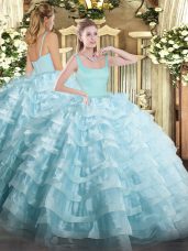 Adorable Light Blue Ball Gowns Organza Straps Sleeveless Beading and Ruffled Layers Floor Length Zipper Quinceanera Gowns