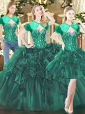 Dark Green Ball Gowns Sweetheart Sleeveless Tulle Floor Length Lace Up Beading and Ruffles Sweet 16 Quinceanera Dress