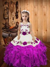 Pretty Sleeveless Organza Floor Length Lace Up Pageant Dresses in Fuchsia with Embroidery and Ruffles and Hand Made Flower