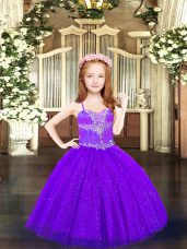 Custom Designed Sleeveless Tulle Floor Length Lace Up Little Girl Pageant Dress in Purple with Beading