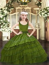 Olive Green Ball Gowns Beading and Embroidery and Ruffled Layers Party Dress for Toddlers Zipper Organza Sleeveless Floor Length