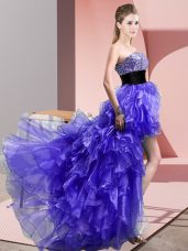 Glorious Purple Sleeveless High Low Beading and Ruffles Lace Up Evening Dress