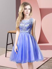 Scoop Sleeveless Prom Dresses Knee Length Beading Blue Tulle