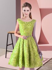 Yellow Green Lace Up Scoop Belt Prom Gown Lace Sleeveless