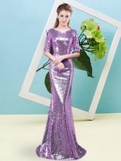 New Arrival Half Sleeves Sequined Floor Length Zipper Prom Dress in Lavender with Sequins