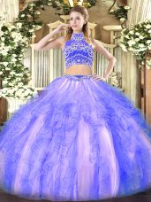 Lavender Backless High-neck Beading and Ruffles Vestidos de Quinceanera Tulle Sleeveless