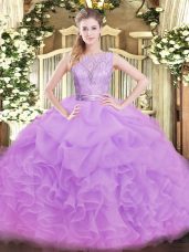 Artistic Sleeveless Floor Length Lace and Ruffles Backless Quinceanera Gown with Lilac
