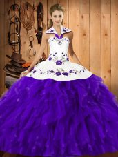 Best Selling Purple Ball Gowns Satin and Organza Halter Top Sleeveless Embroidery and Ruffles Floor Length Lace Up 15th Birthday Dress