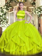 Stunning Yellow Green High-neck Criss Cross Ruffles Quinceanera Gown Sleeveless