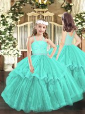 Enchanting Turquoise Sleeveless Floor Length Beading and Lace Zipper Glitz Pageant Dress