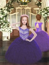 Purple Teens Party Dress Party and Quinceanera with Beading and Ruffles Scoop Sleeveless Lace Up
