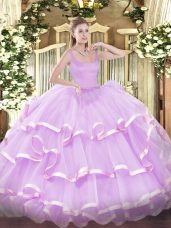 Unique Floor Length Lilac Quinceanera Gown Straps Sleeveless Zipper