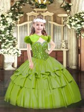 Olive Green Organza Lace Up Straps Sleeveless Floor Length Pageant Dress Beading and Ruffled Layers
