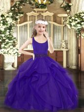 Luxurious Floor Length Purple Child Pageant Dress Tulle Sleeveless Beading and Ruffles