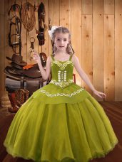Straps Sleeveless Kids Formal Wear Floor Length Embroidery and Ruffles Olive Green Organza