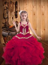 Adorable Straps Sleeveless Lace Up Little Girl Pageant Dress Red Organza