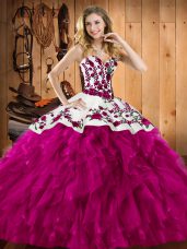 Enchanting Sleeveless Satin and Organza Floor Length Lace Up Quinceanera Dress in Fuchsia with Embroidery and Ruffles