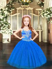 Admirable Blue Casual Dresses Party and Quinceanera with Beading Spaghetti Straps Sleeveless Lace Up