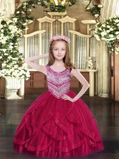 Hot Pink Scoop Neckline Beading and Ruffles Little Girl Pageant Dress Sleeveless Lace Up