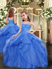 Latest Blue Lace Up Straps Beading and Ruffles Casual Dresses Organza Sleeveless