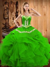 Green Sleeveless Floor Length Embroidery and Ruffles Lace Up Sweet 16 Quinceanera Dress