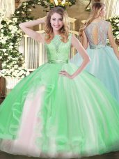 Lovely Apple Green Ball Gowns Lace and Ruffles Quinceanera Dresses Backless Organza Sleeveless Floor Length