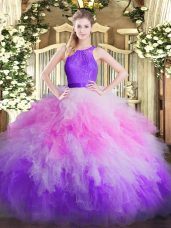 Fantastic Sleeveless Organza Floor Length Zipper 15th Birthday Dress in Multi-color with Ruffles