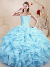 Fantastic Ball Gowns Sweet 16 Quinceanera Dress Light Blue Sweetheart Organza Sleeveless Floor Length Lace Up