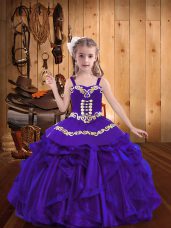 Purple Ball Gowns Straps Sleeveless Organza Floor Length Lace Up Embroidery and Ruffles Kids Pageant Dress