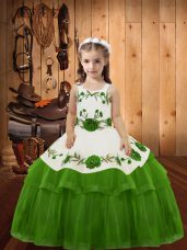 Olive Green Organza Lace Up Straps Sleeveless Floor Length Kids Formal Wear Embroidery and Ruffled Layers