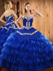 Blue Sleeveless Embroidery and Ruffled Layers Floor Length 15th Birthday Dress
