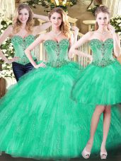 Cute Green Lace Up Ball Gown Prom Dress Beading and Ruffles Sleeveless Floor Length