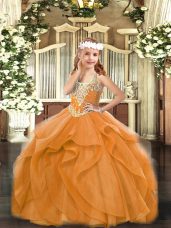 Admirable Sleeveless Floor Length Beading and Ruffles Lace Up Kids Formal Wear with Orange Red