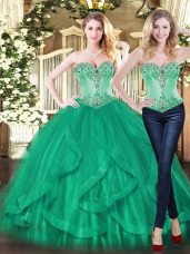 Turquoise Tulle Lace Up Sweetheart Sleeveless Floor Length Vestidos de Quinceanera Beading and Ruffles