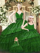 Organza V-neck Sleeveless Lace Up Beading and Embroidery and Ruffled Layers Quince Ball Gowns in Green