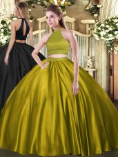 Floor Length Backless 15 Quinceanera Dress Yellow Green for Military Ball and Sweet 16 and Quinceanera with Beading