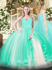High Class Turquoise Tulle Zipper Quinceanera Gown Sleeveless Floor Length Ruffles