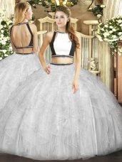 Grey Sleeveless Tulle Backless Vestidos de Quinceanera for Military Ball and Sweet 16 and Quinceanera