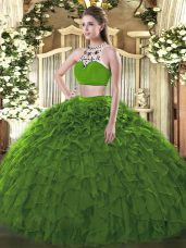 Inexpensive Beading and Ruffles Sweet 16 Dress Dark Green Backless Sleeveless Floor Length