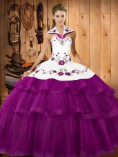Noble Eggplant Purple and White And Red Sleeveless Organza Sweep Train Lace Up Sweet 16 Quinceanera Dress for Military Ball and Sweet 16 and Quinceanera