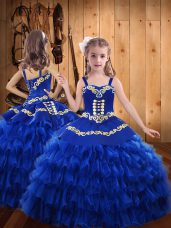 Beautiful Royal Blue Lace Up Little Girls Pageant Gowns Embroidery and Ruffled Layers Sleeveless Floor Length