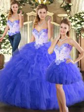 Sleeveless Floor Length Beading and Ruffles Lace Up 15 Quinceanera Dress with Blue