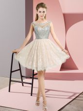 Super Champagne Lace Backless Scoop Cap Sleeves Mini Length Evening Dress Beading
