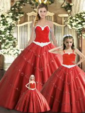 Deluxe Floor Length Ball Gowns Sleeveless Red Quinceanera Gown Lace Up
