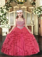 Coral Red Straps Lace Up Beading and Ruffles Girls Pageant Dresses Sleeveless