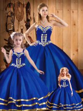 Superior Blue Ball Gowns Tulle Sweetheart Sleeveless Embroidery Floor Length Lace Up Quinceanera Dress
