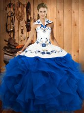 Blue Halter Top Lace Up Embroidery and Ruffles Quinceanera Gowns Sleeveless