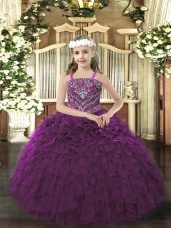 Dark Purple Sleeveless Floor Length Beading and Ruffles Lace Up Little Girls Pageant Gowns